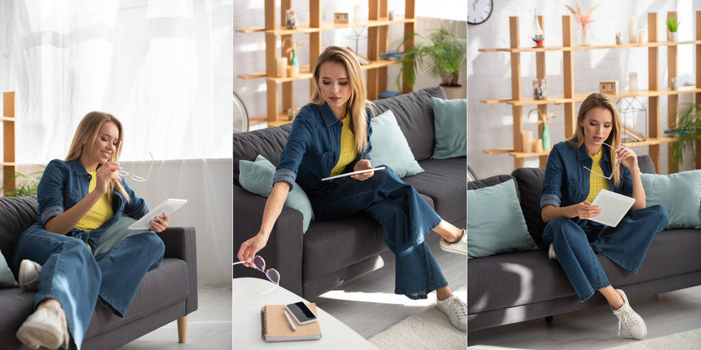 Collage einer jungen blonden Frau, die auf dem Couchtisch eine Brille aufsetzt und zu Hause auf dem Sofa das digitale Tablet betrachtet - Foto, Bild