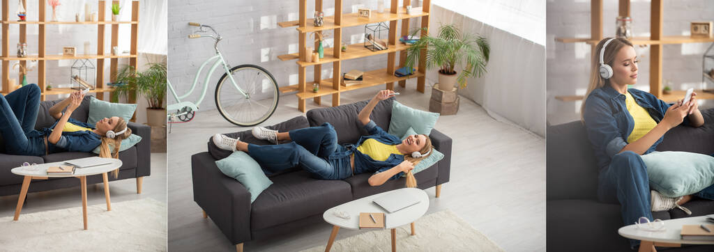 Colagem de jovem mulher em fones de ouvido mensagens no smartphone e rindo no sofá em casa, banner - Foto, Imagem