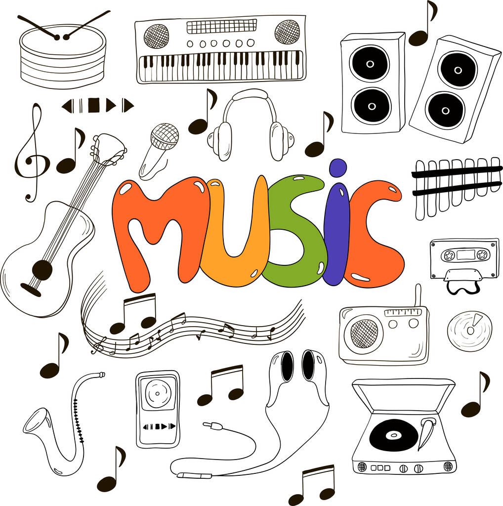 Ilustración dibujada a mano con garabatos musicales - Vector, imagen