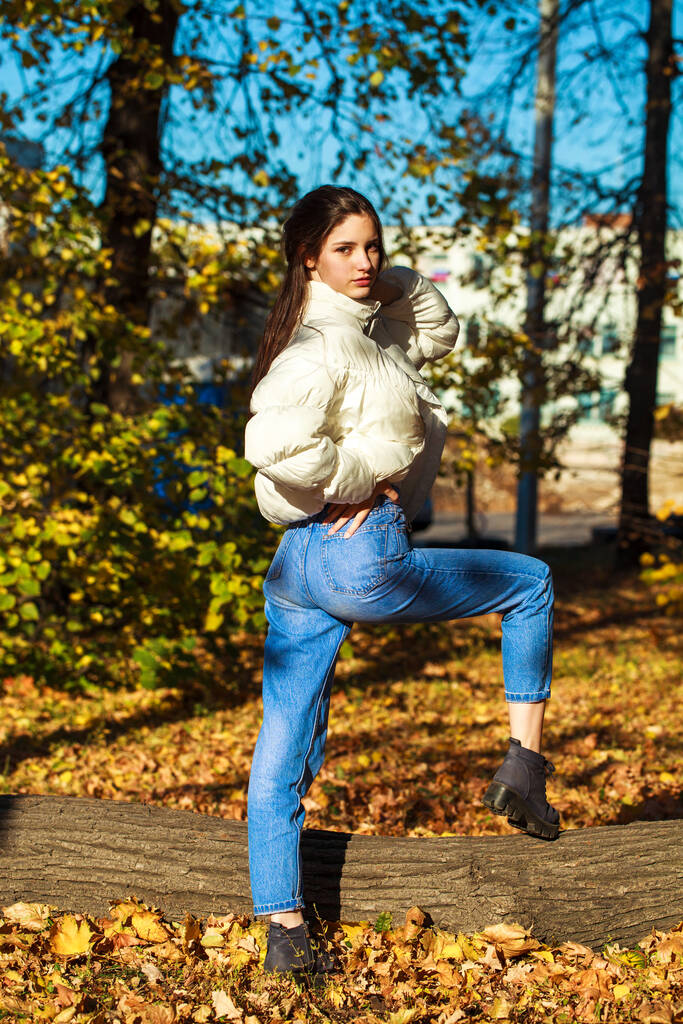 Açık havada sonbahar parkında kot pantolon giymiş güzel bir esmer kızın vücut portresi. - Fotoğraf, Görsel