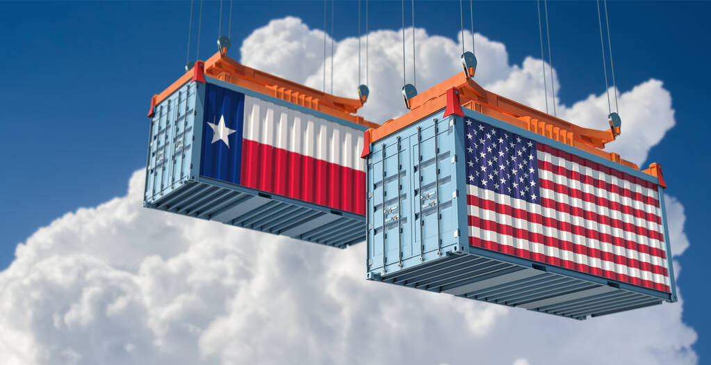 Contenitori merci con bandiere Texas e USA. Rendering 3D  - Foto, immagini