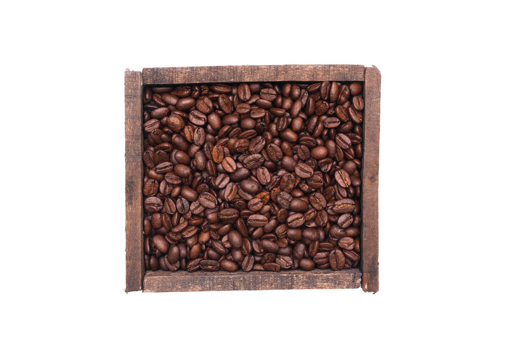 Coffee beans in the wooden container box isolated on the white background. - Photo, Image