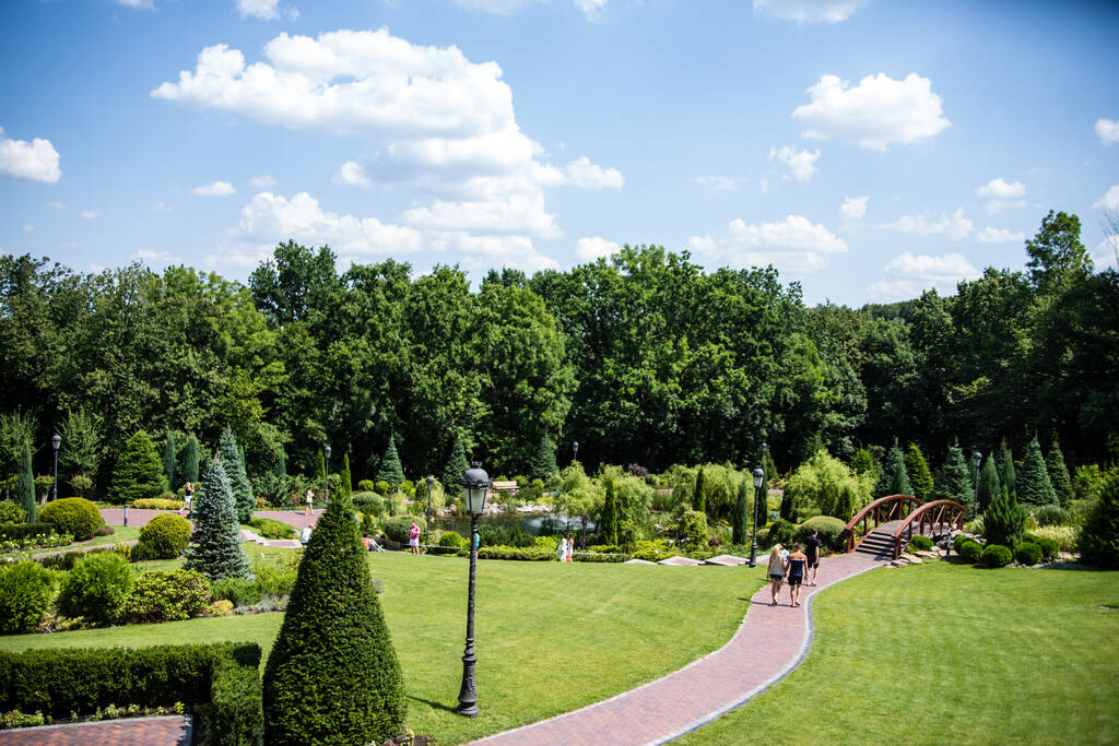 krásný park se zelenými stromy a modrou oblohou - Fotografie, Obrázek
