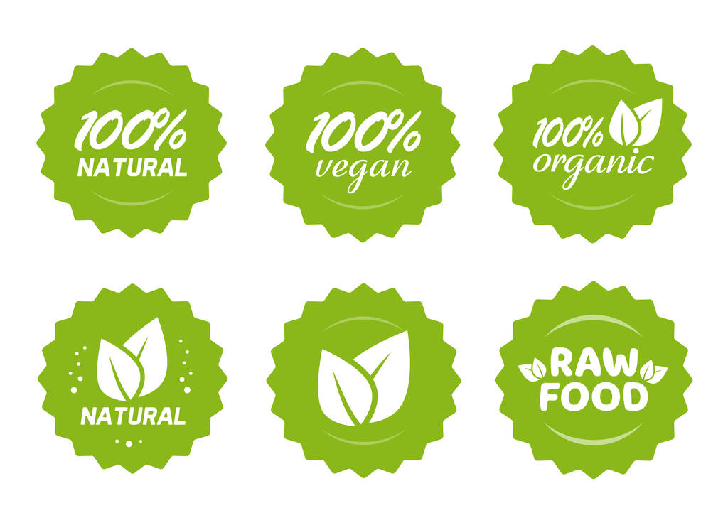Organik doğal, vejetaryen ve çiğ gıda ikonu etiketli yapraklı vektör etiketleri, yüzde 100 sağlıklı yemek, ürün ambalajları için modern yeşil rozet izole etiketler koleksiyonu - Vektör, Görsel