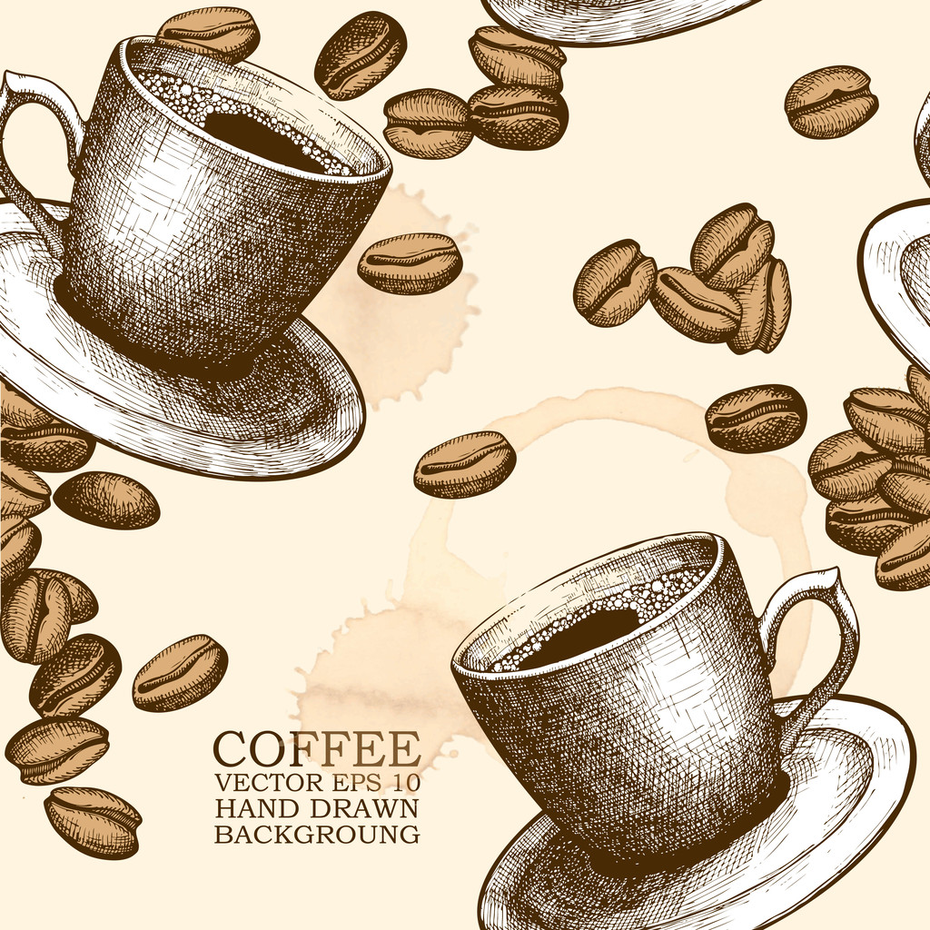 ilustración de taza de café dibujado a mano sobre fondo manchado con granos de café
 - Vector, imagen