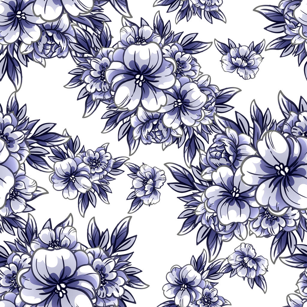 В винтажном стиле "съели" цветочный узор. черный, белый и синий цветочные элементы в контуре - Вектор,изображение