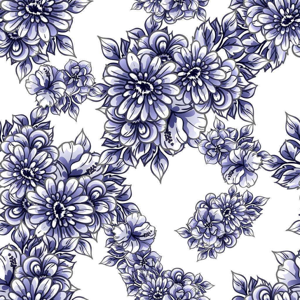 シームレスなヴィンテージスタイルの華やかな花のパターン。輪郭に黒、白、青の花の要素 - ベクター画像