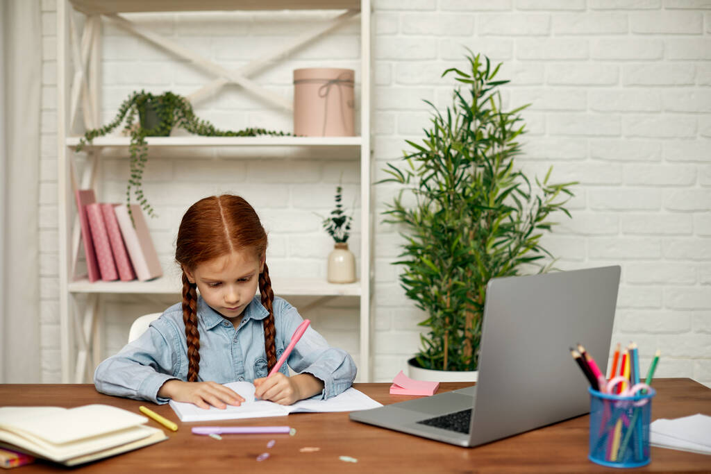 bambina utilizzando il computer portatile per studiare online - Foto, immagini