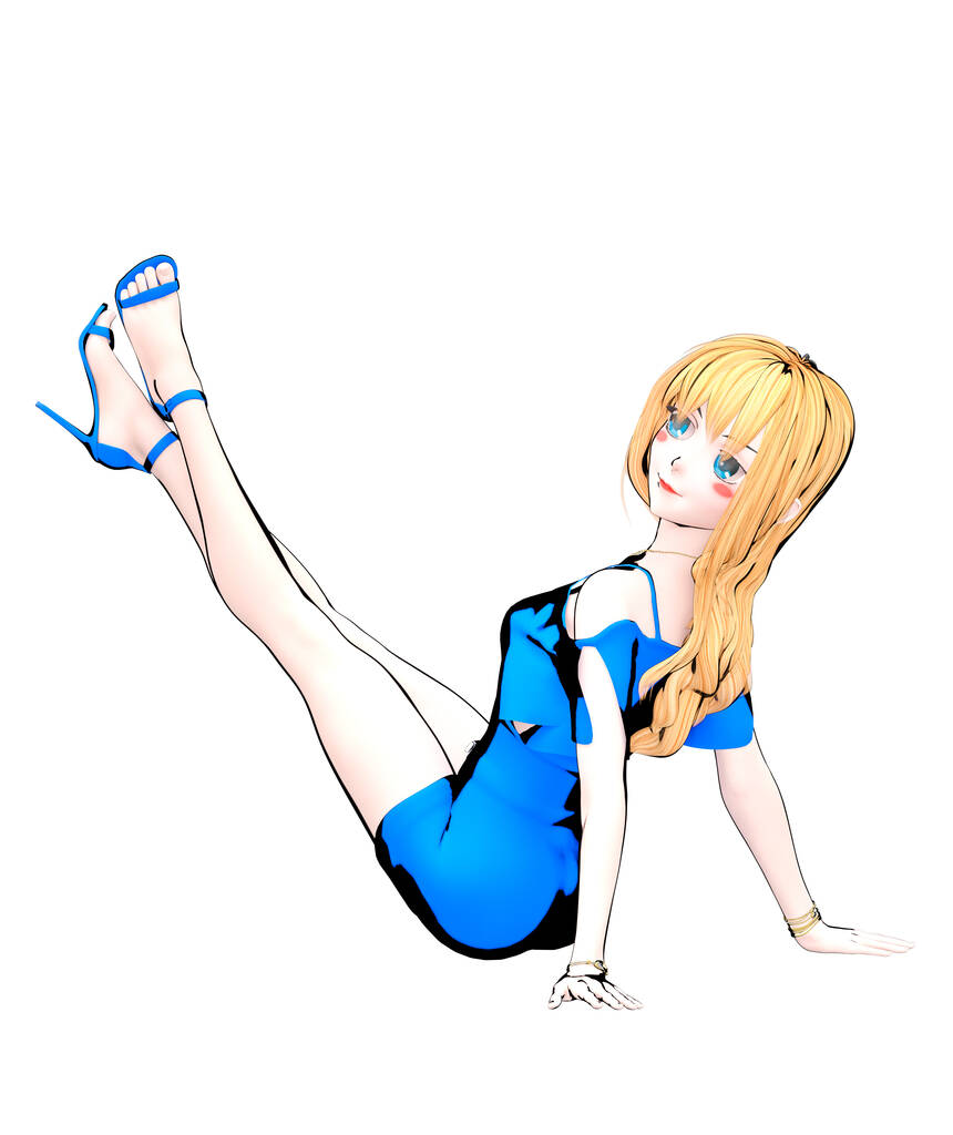 3D vykreslení sexy anime panenka japonská dívka velké modré oči jasný make-up.Blue jumsuit. Karikatura, komiksy, skica, kresba, manga izolované ilustrace.Conceptual módní umění. - Fotografie, Obrázek