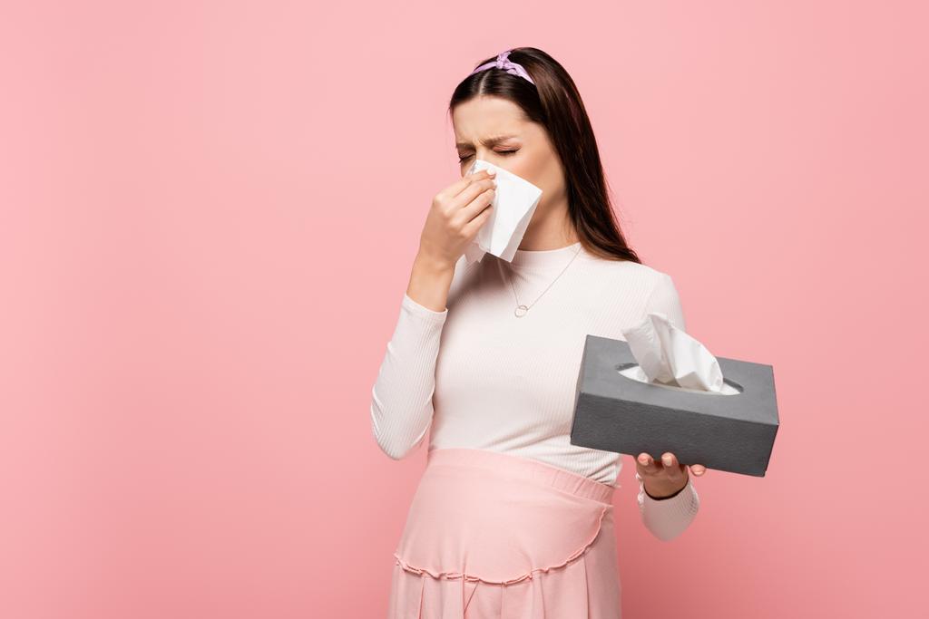young pretty pregnant woman with runny nose isolated on pink - Photo, Image