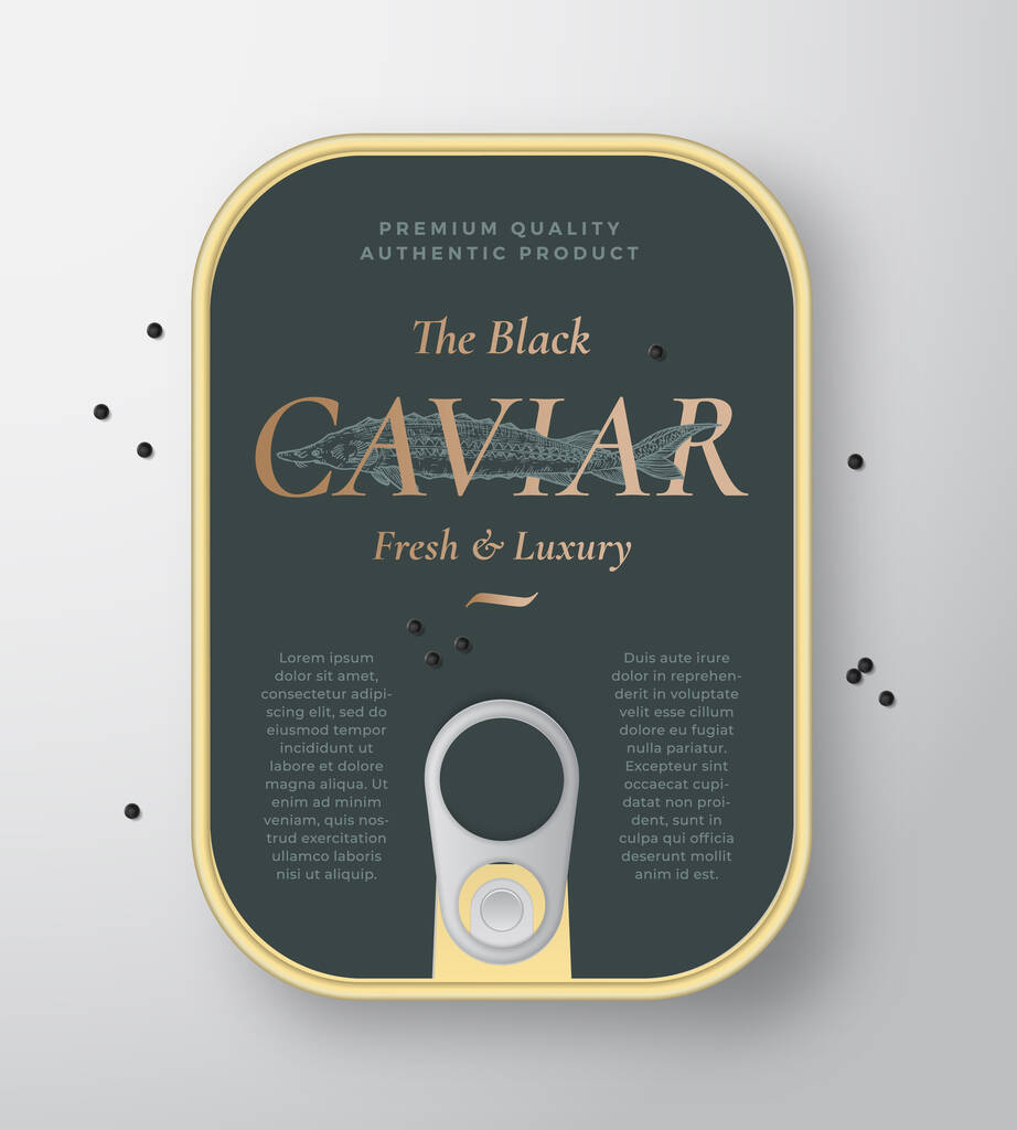 Black Caviar Seafood Vector Container mit Etikettendeckel-Vorlage. Handgezeichnete Stör-Fisch-Illustration mit goldener Retro-Typografie und realistischen Kaviartropfen. Layout für Verpackungsdesign in Dosen. - Vektor, Bild