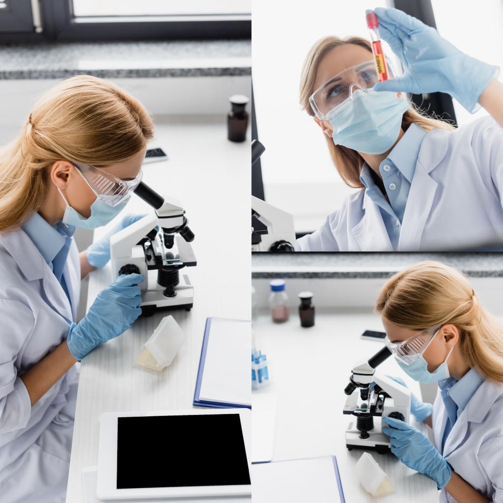 colagem de cientista em luvas de látex olhando através de microscópio e segurando tubo de ensaio com amostra  - Foto, Imagem