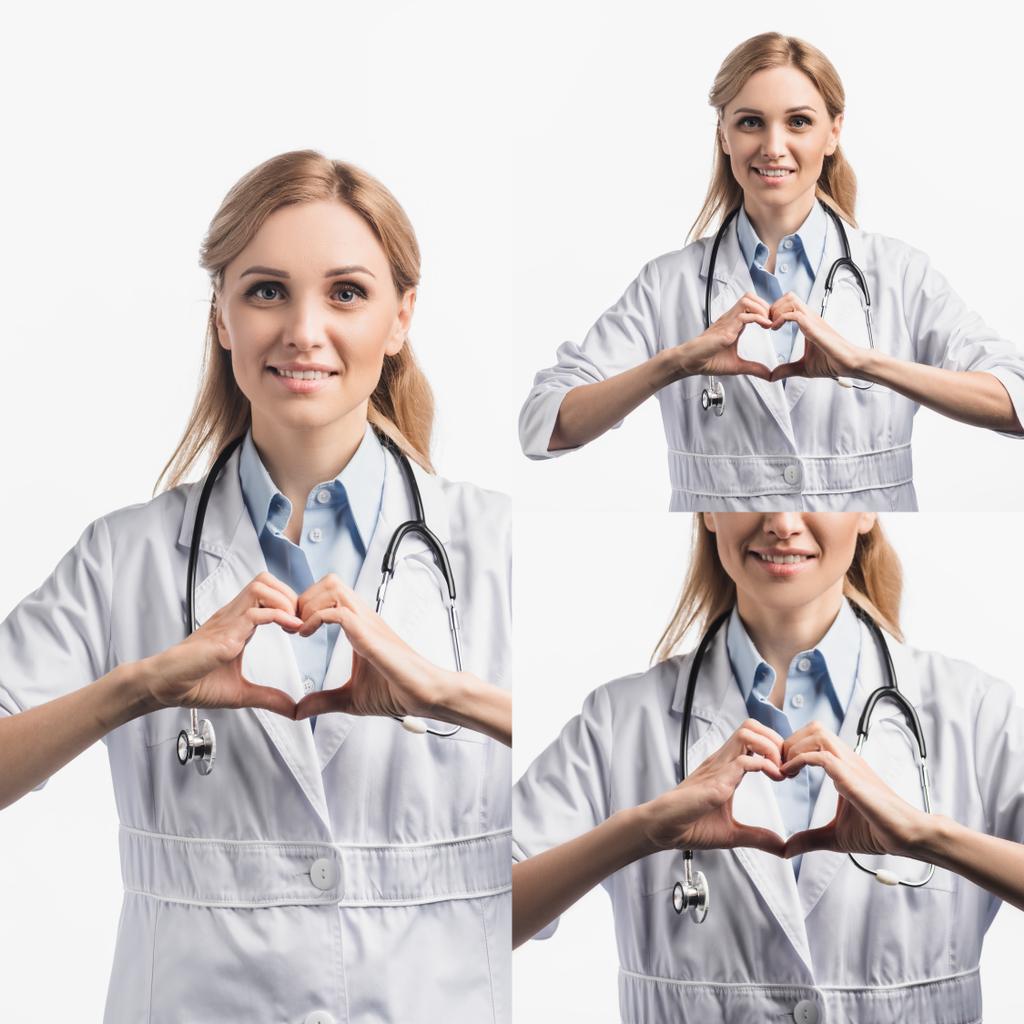 collage de enfermera feliz en bata blanca mostrando el signo del corazón con las manos aisladas en blanco - Foto, Imagen