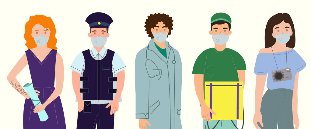 vector with professionals in medical masks standing on white, coronavirus concept  - Vector, Image