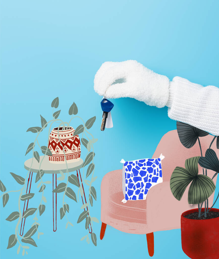 cropped view of woman in white glove holding key near armchair and plants illustration on blue - Photo, Image