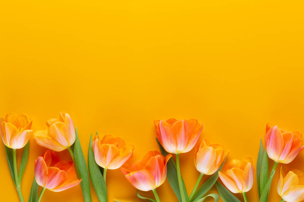 Pasteles amarillos tulipanes de color sobre el fondo amarillo. Estilo vintage retro. Bodegón, arte laico plano. - Foto, imagen
