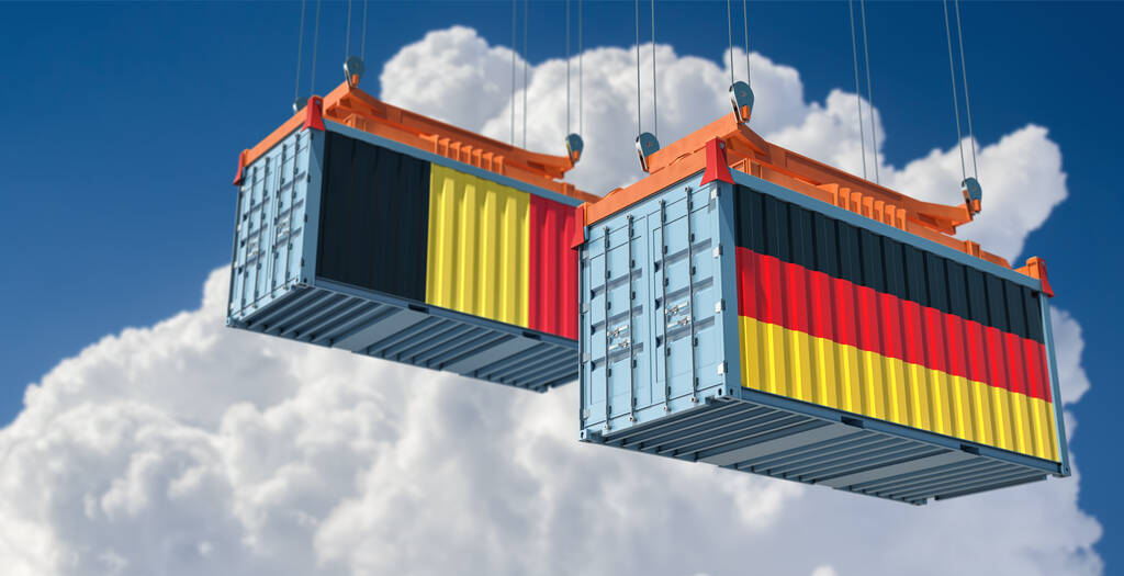 Nákladní kontejnery s německou a belgickou státní vlajkou. 3D vykreslování  - Fotografie, Obrázek