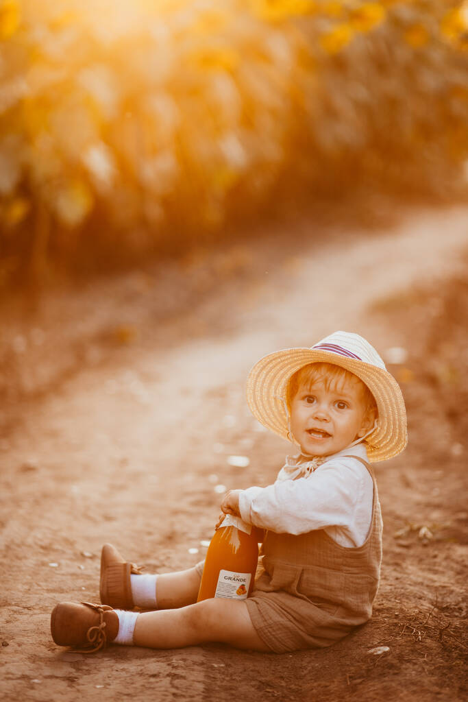 мальчик блондин сидит в поле с подсолнухами летом, образ жизни детей - Фото, изображение
