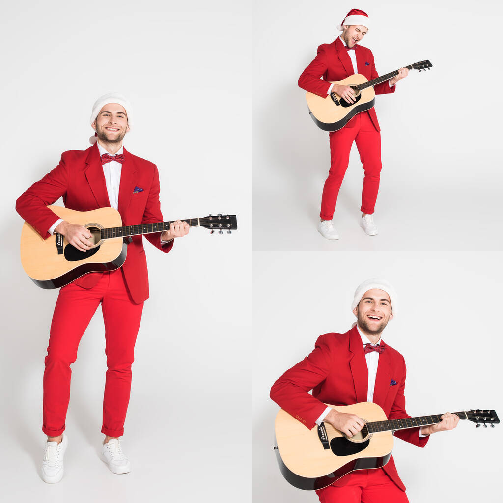 Collage van vrolijke man in santa hoed spelen akoestische gitaar op grijze achtergrond  - Foto, afbeelding