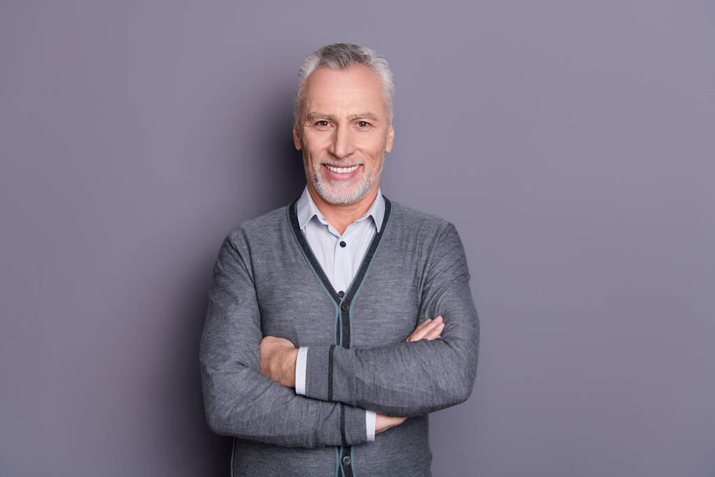 Portrait of his he nice imposing attractive cheerful cheery top manager business shark banker folded arms wearing casual formalwear isolated over gray pastel background - Photo, Image
