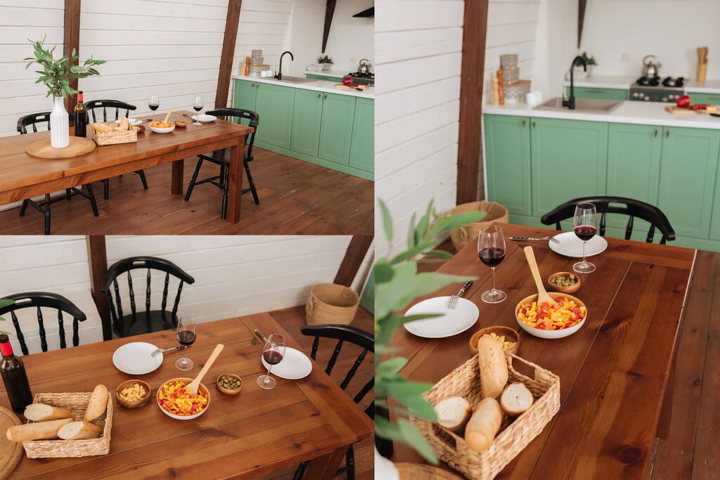 κολάζ του τραπεζιού σερβίρεται με χορτοφαγικό δείπνο, κρασί και μπαγκέτα στο καλάθι κοντά διακοσμητικό φυτό στην κουζίνα - Φωτογραφία, εικόνα