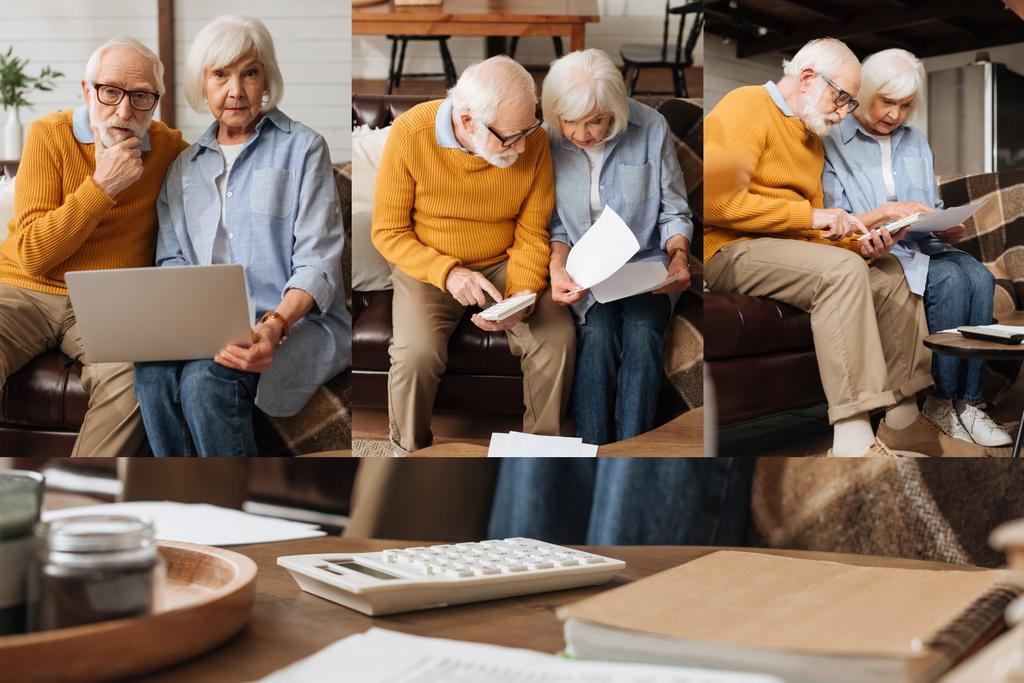 collage pary seniorów obliczanie patrząc na rachunki na kanapie, za pomocą laptopa i siedzi w pobliżu białego kalkulatora na stole w domu - Zdjęcie, obraz