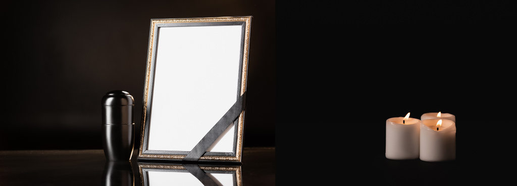 灰と鏡と黒いリボンとロウソクを背景に葬儀のコンセプトバナー - 写真・画像