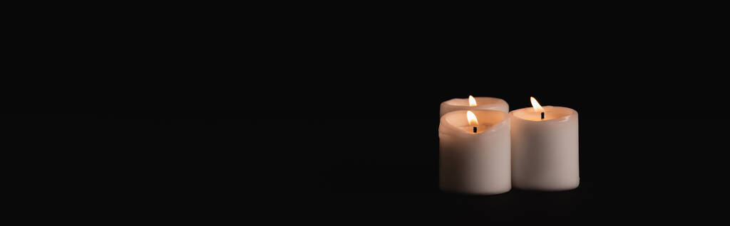burning candles on black background, funeral concept, banner - Photo, Image