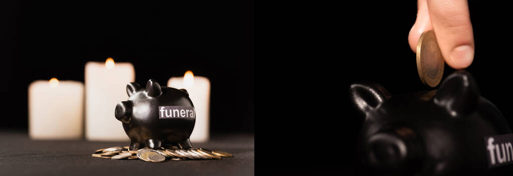 περικοπή άποψη του ανθρώπου βάζοντας κέρμα σε κουμπαρά σε μαύρο φόντο, έννοια κηδεία, κολάζ  - Φωτογραφία, εικόνα