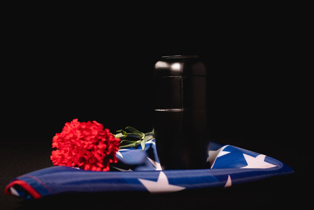 clavel rojo, cenizas y bandera americana sobre fondo negro, concepto funerario - Foto, Imagen