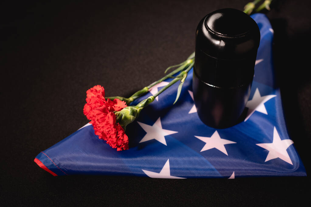 κόκκινη γαρύφαλλο, στάχτες και αμερικανική σημαία σε μαύρο φόντο, έννοια κηδεία - Φωτογραφία, εικόνα