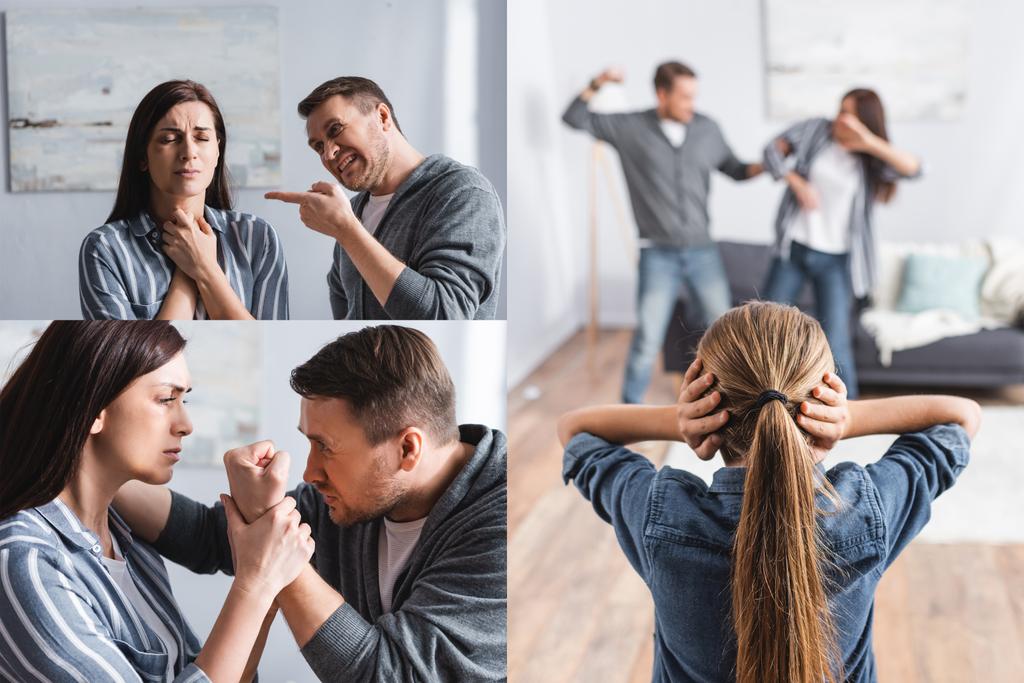 Collage von beleidigendem Mann schlägt Ehefrau mit Blutergüssen in der Nähe von Kind, das zu Hause Ohren verdeckt  - Foto, Bild