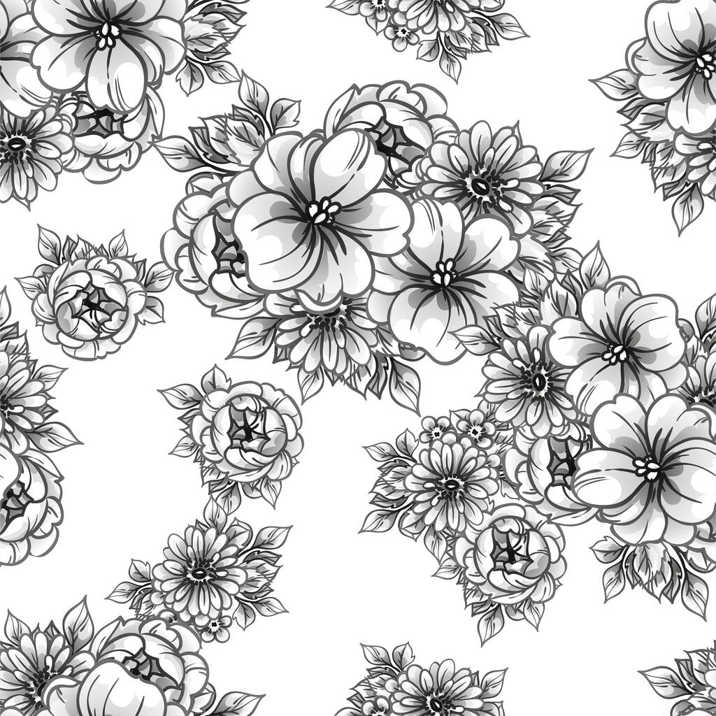 白地に黒い筋状の花をつけたシームレスなベクトルパターン - ベクター画像