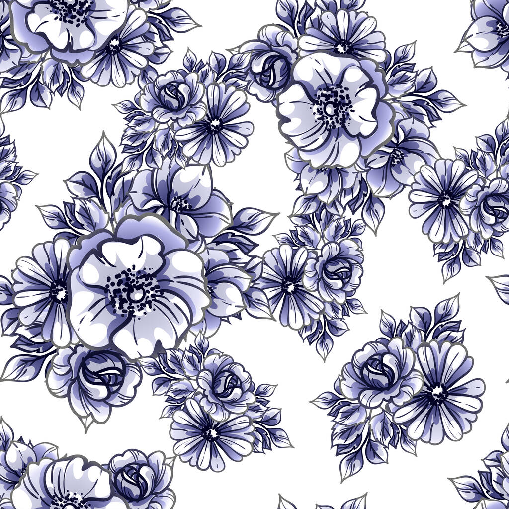 白地に青い花をつけたシームレスなベクトルパターン - ベクター画像