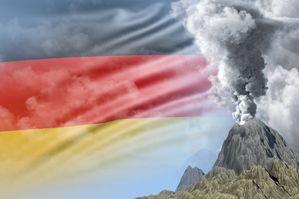 ドイツの国旗を背景に白煙で日中の火山噴火 災害や火山灰のためのトラブル概念的な3dイラスト自然 ロイヤリティフリー写真 画像素材
