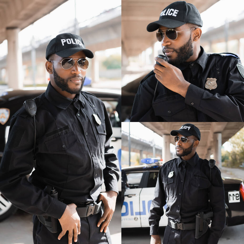 collage of african american policeman standing near car and talking on radio set on blurred background outdoors - Photo, Image