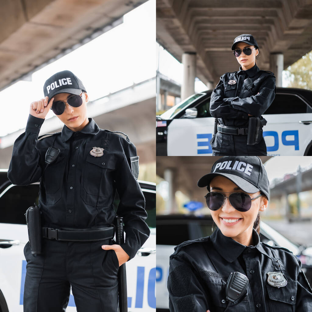 collage di giovane poliziotta fiduciosa posa vicino pattuglia auto su sfondo sfocato sulla strada urbana - Foto, immagini