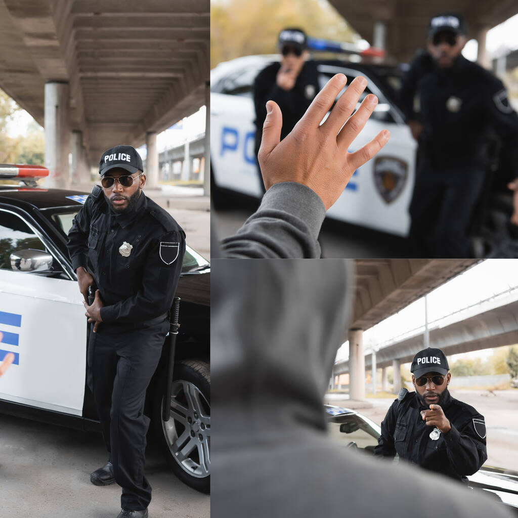 κολάζ αφροαμερικανού αστυνομικού που βγάζει όπλο και δείχνει με το δάχτυλο τον δράστη στην ύπαιθρο - Φωτογραφία, εικόνα