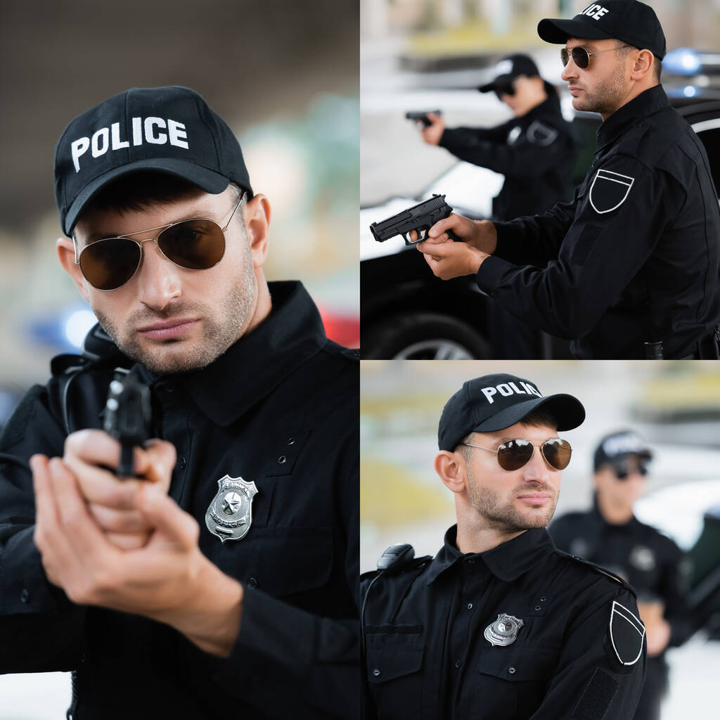 collage van jonge politieagent met pistool op wazig achtergrond buiten - Foto, afbeelding