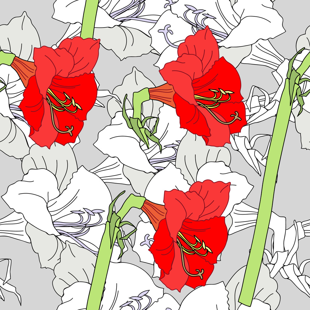 bezešvé vzor s červeným šedá amaryllises - Vektor, obrázek