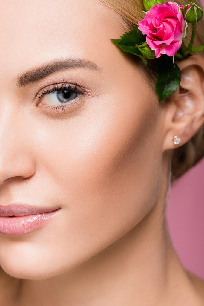 完璧な肌とピンクに隔離された髪にバラの花を持つ美しいブロンドの女性の閉鎖 - 写真・画像