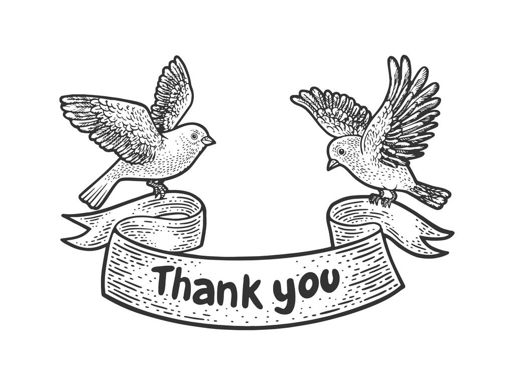 Vögel tragen ein Dankeschön-Banner mit einer Skizze zur Vektorgravur. T-Shirt-Print-Design. Rubbelbrett-Imitat. Handgezeichnetes Schwarz-Weiß-Bild. - Vektor, Bild