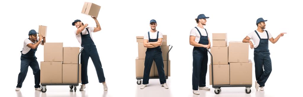 collage de mudanzas multiculturales en uniforme y gorras cerca de camión de mano con cajas de cartón en blanco - Foto, Imagen