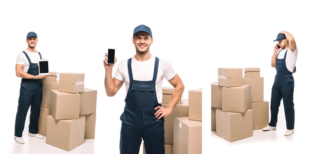 collage of happy mover in uniform holding digital tablet with blank screen and talking on smartphone near carton boxes on white - Photo, Image