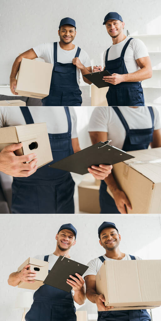 collage de alegre multicultural movers sonriendo mientras mira la cámara y sostiene cajas en apartamento  - Foto, imagen