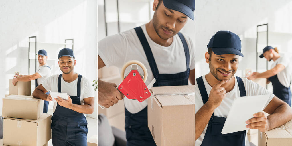 collage di uomo indiano con tablet digitale e scatola di imballaggio vicino al collega su sfondo sfocato  - Foto, immagini