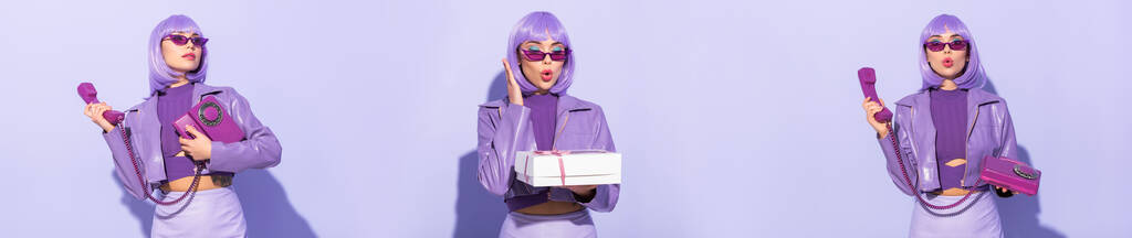 collage de mujer joven vestida con estilo de muñeca con teléfono retro y caja sobre fondo colorido violeta, bandera - Foto, imagen