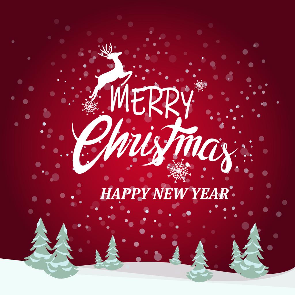 vettore con buon Natale e felice anno nuovo lettering vicino cervi e pini sul rosso - Vettoriali, immagini