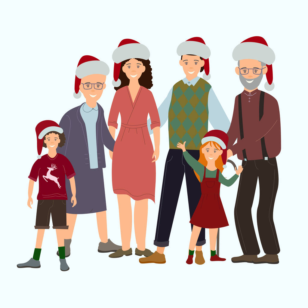 Vektor mit glücklicher Familie in Weihnachtsmützen auf weißem Hintergrund  - Vektor, Bild