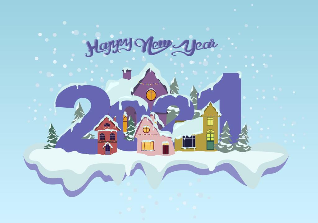 wektor z szczęśliwego Nowego Roku litery w pobliżu domów, sosny i spadający śnieg na niebieski - Wektor, obraz